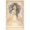 n°27958 - Art Nouveau - Jeune femme dans un médaillon, avec des roses dans les cheveux