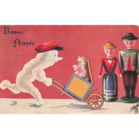 n°27971 - Oilette - Bonne Année - Bonhomme de neige, poussant un jouet dans une brouette