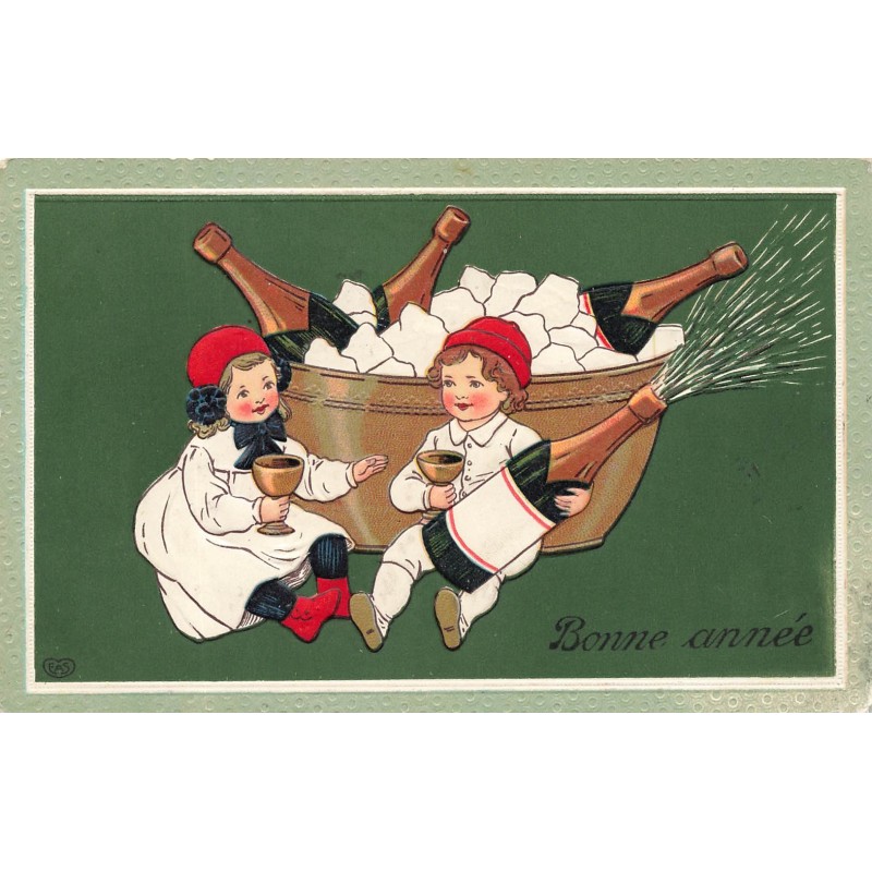 n°27972 - Carte Gaufrée - Bonne Année - Enfants trinquant au champagne