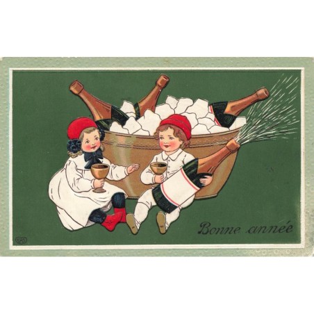 n°27972 - Carte Gaufrée - Bonne Année - Enfants trinquant au champagne