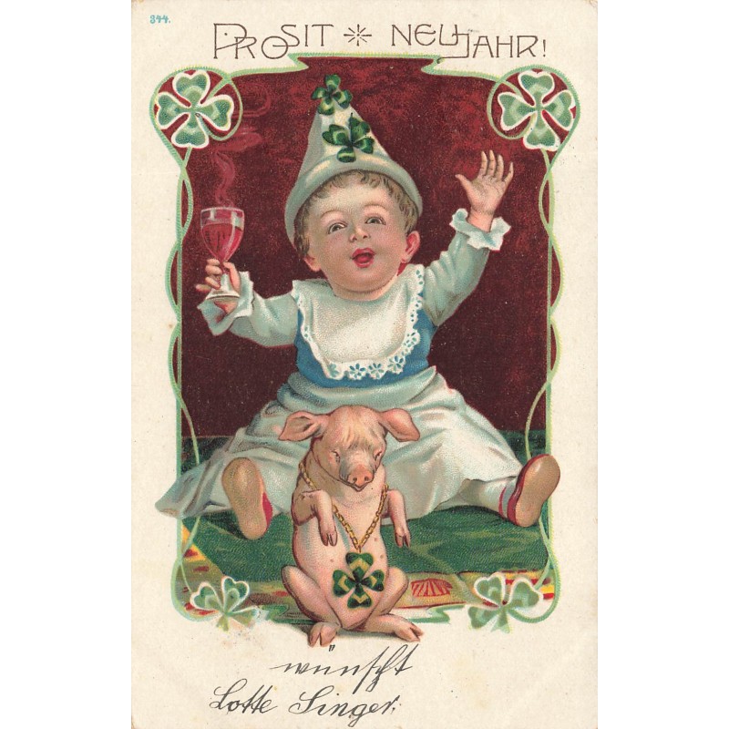 n°27975 - Nouvel An - Prosit Neujahr - Enfant trinquant, près d'un cochon