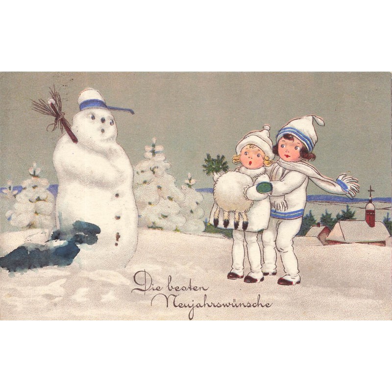 n°27978 - Nouvel An - Baumgarten - Fillettes près d'un bonhomme de neige