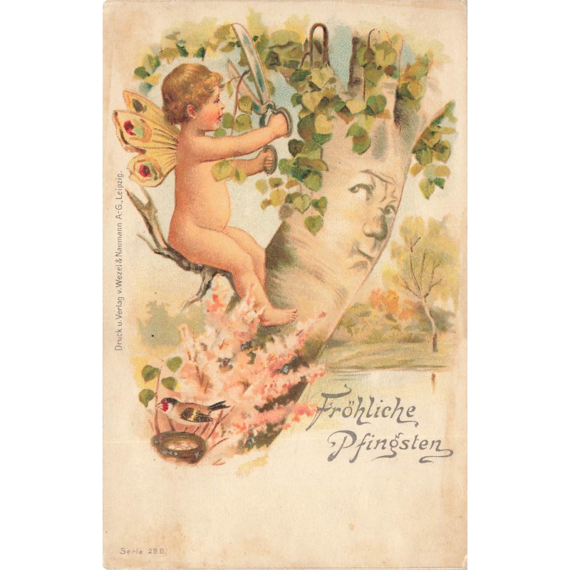 n°27982 - Pentecôte - Fröhliche Pfingsten - Ange coupant les feuilles d'un arbre humanisé