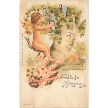 n°27982 - Pentecôte - Fröhliche Pfingsten - Ange coupant les feuilles d'un arbre humanisé