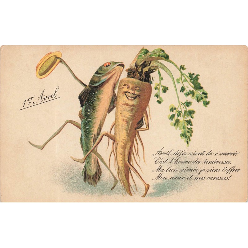 n°27983 - 1er Avril - Avril déjà vient de s'ouvrir ... - Carotte humanisée marchant avec un poisson