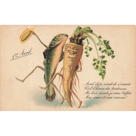 n°27983 - 1er Avril - Avril déjà vient de s'ouvrir ... - Carotte humanisée marchant avec un poisson