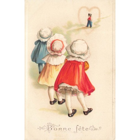 n°27984 - Carte Gaufrée - Clapsaddle - Bonne Fête - Jeunes filles regardant un garçon au loin