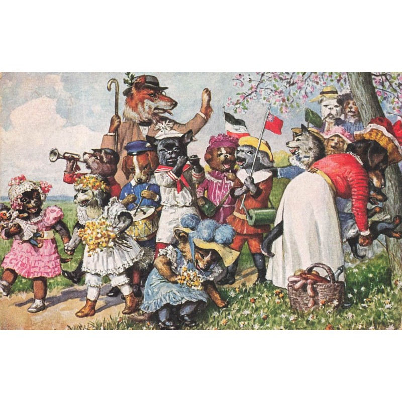 n°27991 - Fantaisie - Animaux habillés - Procession de chiens et de chats - Bouledogue français jouant de la flûte