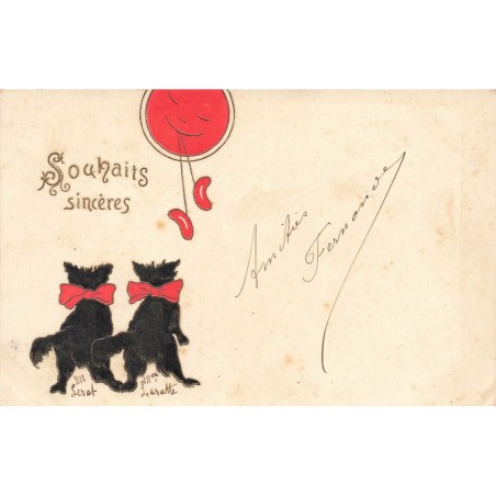 n°27994 - Carte Gaufrée - Fantaisie - Souhaits sincères - Chats noirs regardant la lune humanisée