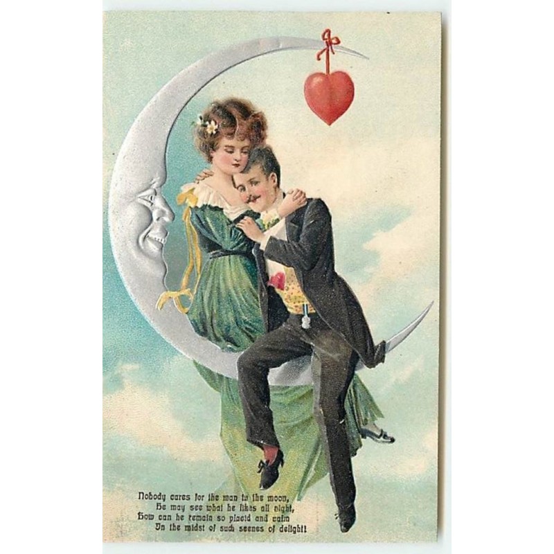 n°13197 - Carte Gaufrée - Nobody cares ... delight - Couple enlacé assis sur un croissant de lune