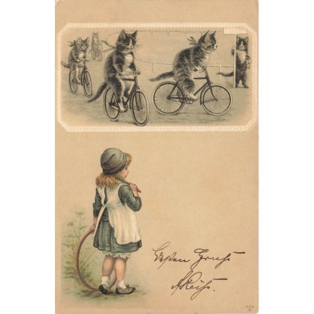 n°27997 - Fantaisie - Course de vélo pour des chats, une fillette tenant un cerceau