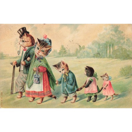 n°28000 - Fantaisie - Animaux habillés - Une famille de chats se promenant - cat
