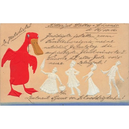 n°28001 - Carte Gaufrée - Fantaisie - Personnages devant un grand canard