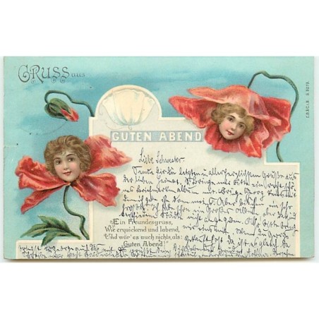 n°13199 - Gruss aus - Guten Abend - Têtes d'enfants dans des coquelicots