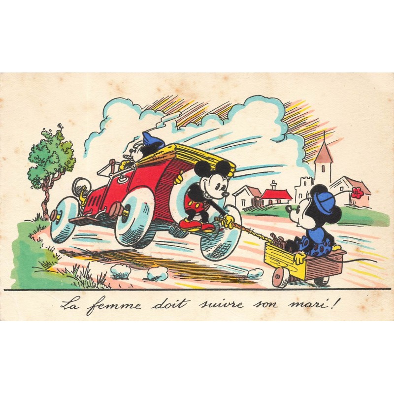 n°28008 - Disney - La femme doit suivre son mari - Mickey dans une voiture et Minnie