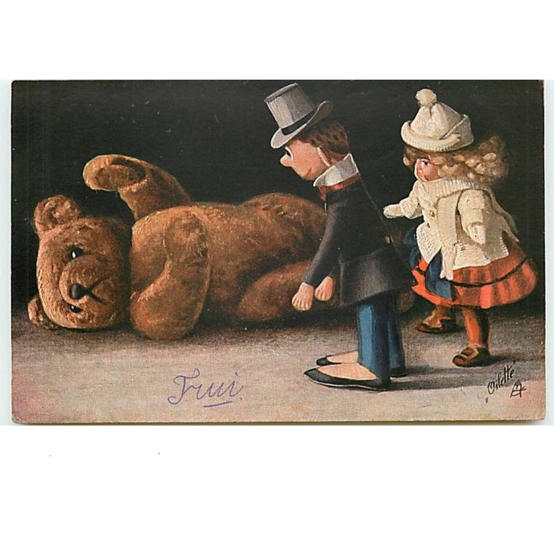 n°13203 - Couple de poupées regardant un ours en peluche - Teddy Bear - Oilette