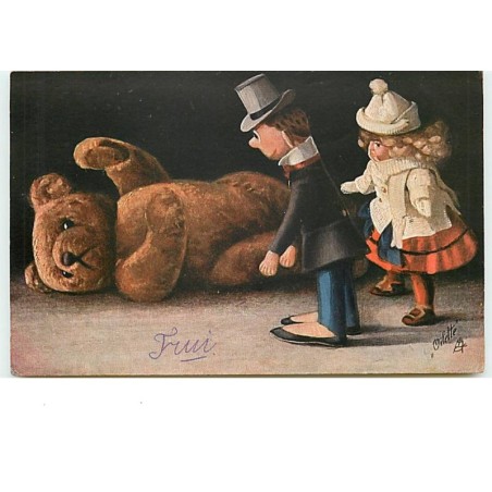 n°13203 - Couple de poupées regardant un ours en peluche - Teddy Bear - Oilette