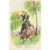 n°28015 - Herzliche Pfingstgrüsse - Chien portant un panier rempli de fleurs - Bouledogue Français