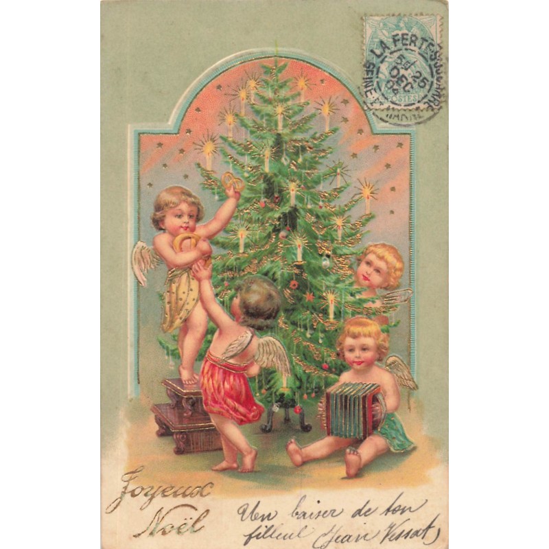 n°28020 - Carte Gaufrée - Joyeux Noël - Anges décorant un sapin