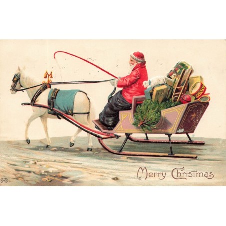 n°28021 - Carte Gaufrée - Merry Christmas - Père Noël conduisant son traîneau