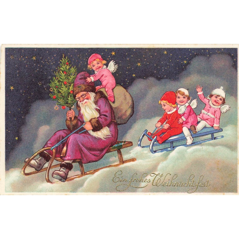 n°28022 - Flatscher - Ein frôhes Weihnachtsfest - Père Noël et anges sur des luges