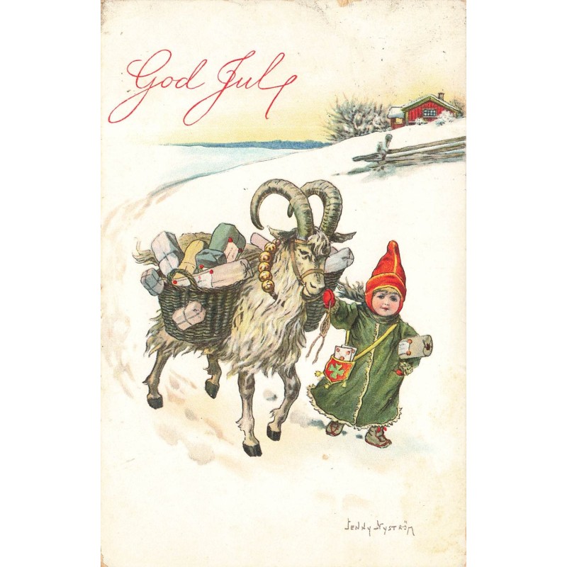 n°28023 - God Jul - Jenny Nyström - Fillette marchant près d'une chèvre à poil long