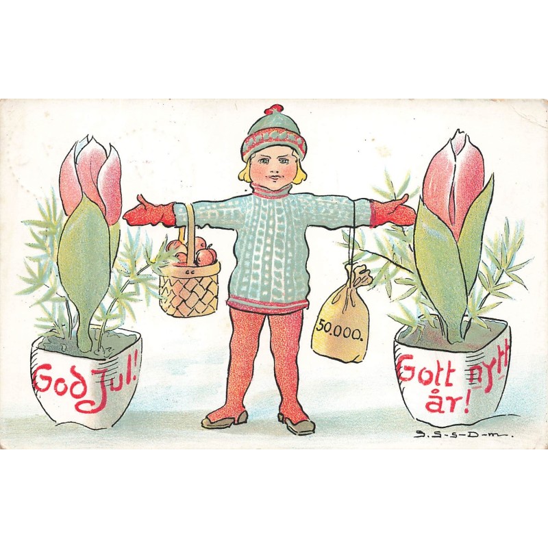 n°28026 - Noël - God Jul - Fillette entre deux pots de tulipe