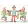 n°28026 - Noël - God Jul - Fillette entre deux pots de tulipe