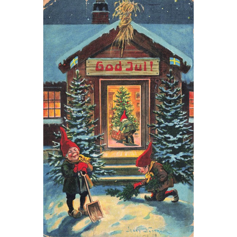 n°28027 - Noël - God Jul - Illustrateur Jenny Nyström - Nains préparant une maison