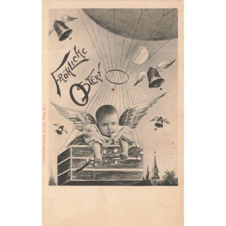 n°28032 - Surréalisme - Fröhliche Ostern - Ange dans la nacelle d'un ballon, entouré de cloches