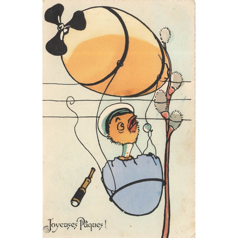n°28035 - BKWI 4104-5 - Joyeuses Pâques- Poussin habillé dans une nacelle d'un dirigeable en forme d'oeuf