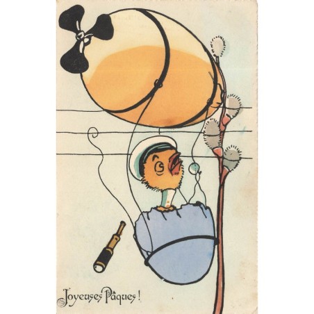 n°28035 - BKWI 4104-5 - Joyeuses Pâques- Poussin habillé dans une nacelle d'un dirigeable en forme d'oeuf