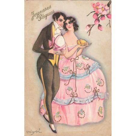 n°28036 - Chiostri - Joyeuses Pâques- Couple, l'homme portant un oeuf, et la femme des poussins