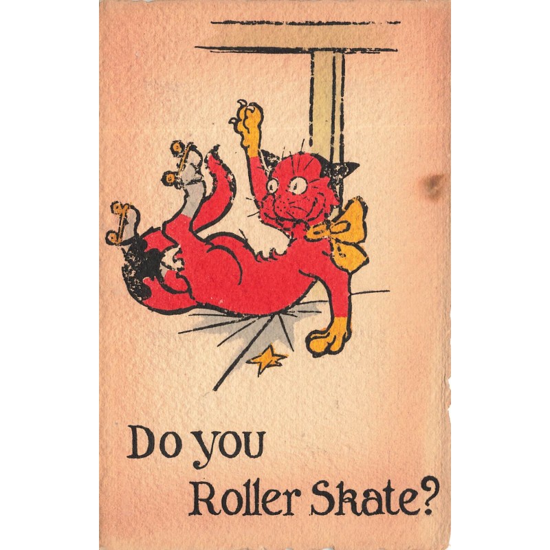 n°28042 - Fantaisie - Do you Roller Skate ? - Chat rouge avec patins à roulette tombé