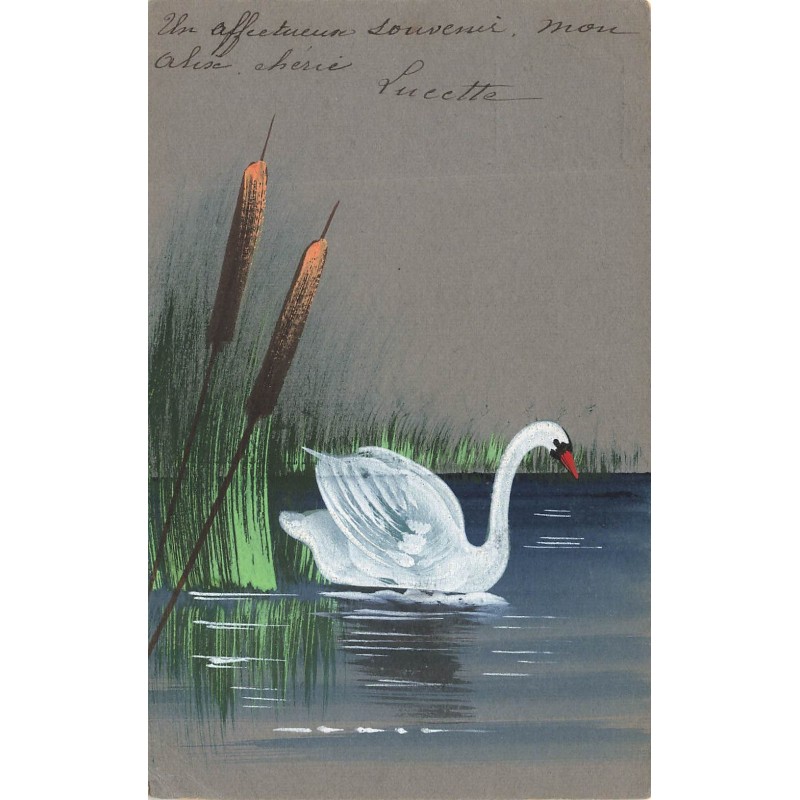 n°28046 - Carte Peinte à la Main - Oiseau - Un cygne sur un étang