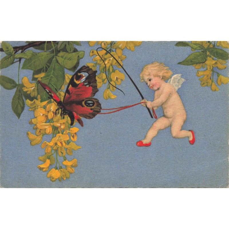 n°28047 - Flatscher - Papillon butinant des fleurs, et tirant un angelot