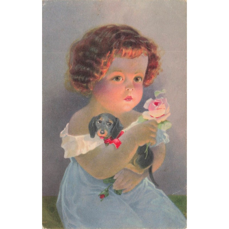 n°28048 - Fantaisie - Fillette tenant une rose et un teckel