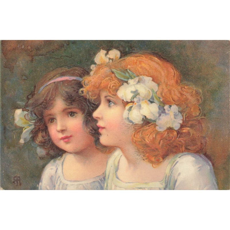 n°28050 - Fantaisie - Deux fillettes avec des fleurs dans les cheveux