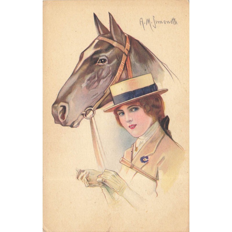 n°28053 - Illustrateur A.M. Simonetti - Jeune cavalière remettant ses gants près de son cheval