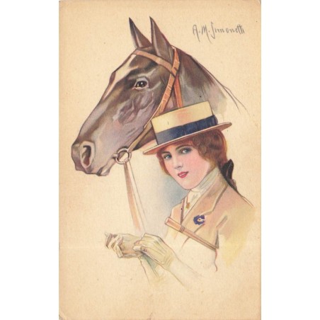n°28053 - Illustrateur A.M. Simonetti - Jeune cavalière remettant ses gants près de son cheval
