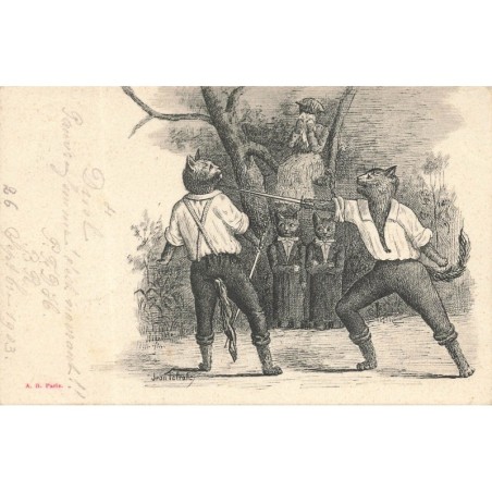 n°28061 - Illustrateur - Jean Tolroche - Chats habillés se battant en duel à l'épée