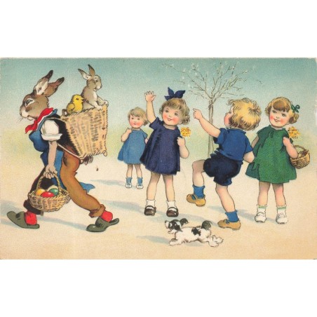 n°28065 - Illustrateur F. Baumgarten - Enfants saluant un lièvre habillé, portant des oeufs