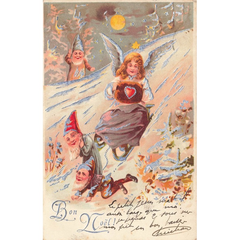 n°28069 - Bon Noël - Ange sur une luge tirée par des nains