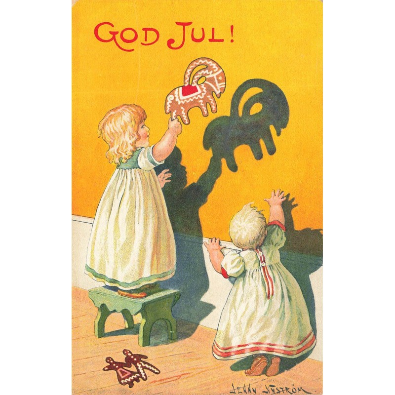 n°28070 - Noël - Illustrateur Jenny Nyström - God Jul - Fillettes jouant au jeu des ombres chinoises