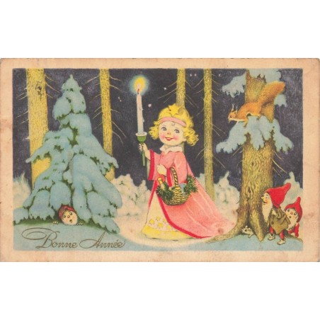 n°28076 - Bonne Année - Lutins, écureuil regardant une fillette marchant dans la nuit avec une bougie