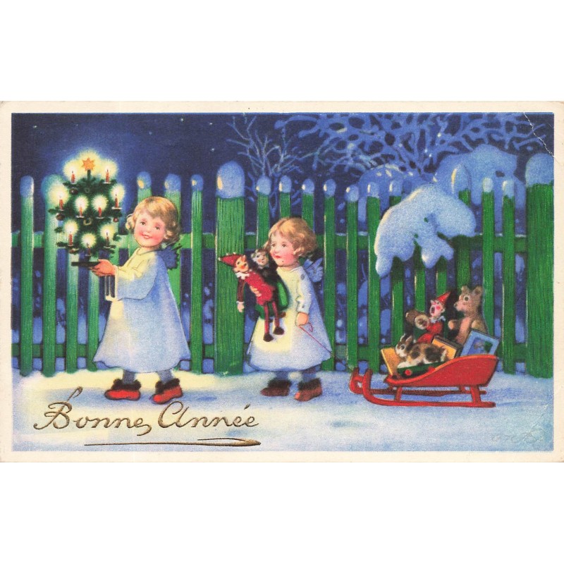 n°28077 - Nouvel An - Anges apportant un sapin, et l'un tirant des cadeaux sur une luge - Teddy Bear
