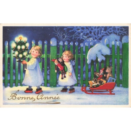 n°28077 - Nouvel An - Anges apportant un sapin, et l'un tirant des cadeaux sur une luge - Teddy Bear
