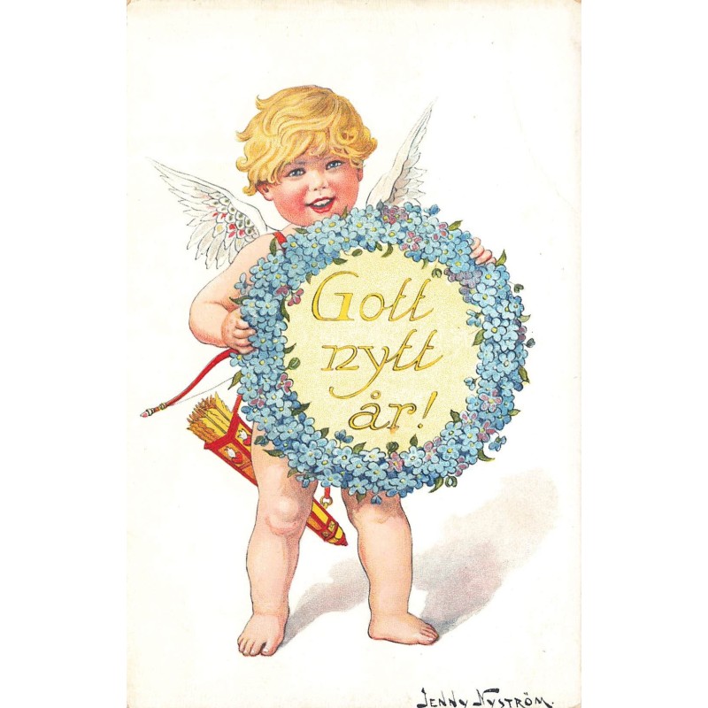 n°28079 - Nouvel An - Jenny Nyström - Gott nytte är - Cupidon portant une couronne de fleurs
