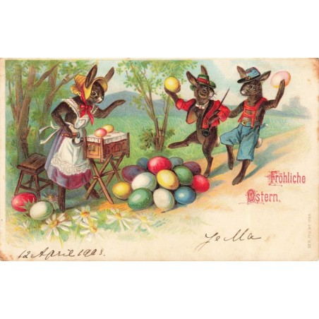 n°28083 - Carte Gaufrée - Fröhliche Ostern - Lièvres habillés, avec des oeufs - Orgue de Barbarie