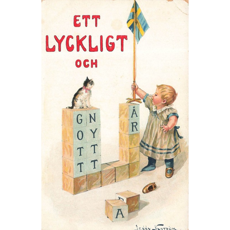 n°28085 - Nouvel An - Illustrateur Jenny Nyström - Gott nytt är - Fillette jouant avec des cubes - chat